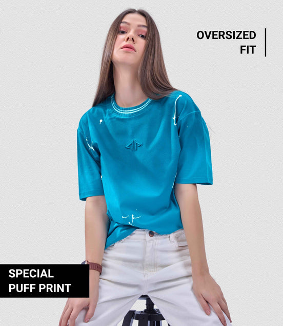 Auraa Urban Canvas - Abstract Paint Splatter Oversized T-Shirt (Blue)
