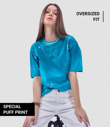 Auraa Urban Canvas - Abstract Paint Splatter Oversized T-Shirt (Blue)