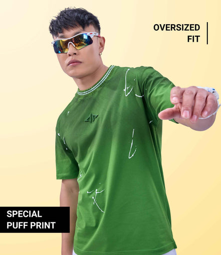 Auraa Urban Canvas - Abstract Paint Splatter Oversized T-Shirt (Green)
