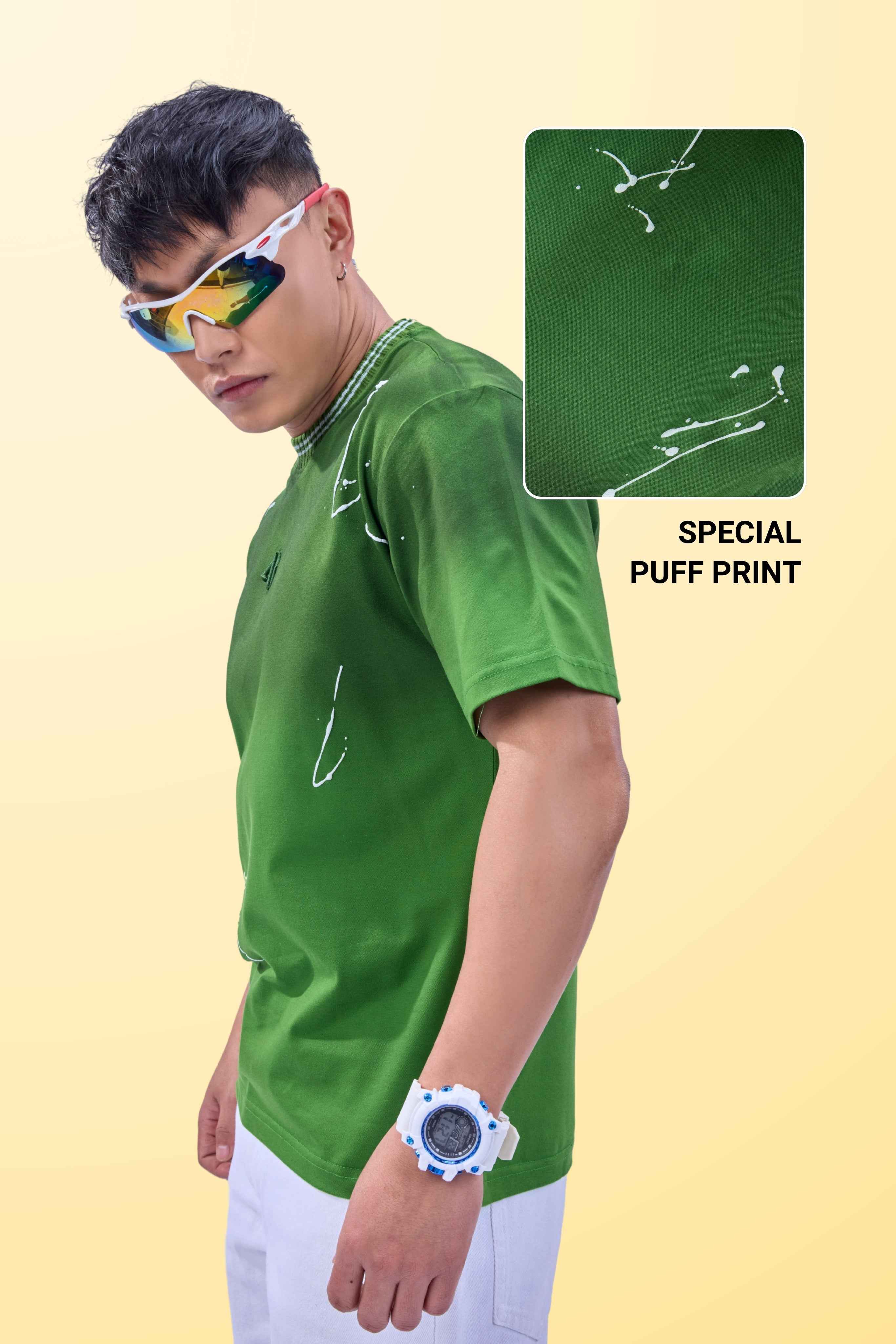 Auraa Urban Canvas - Abstract Paint Splatter Oversized T-Shirt (Green)