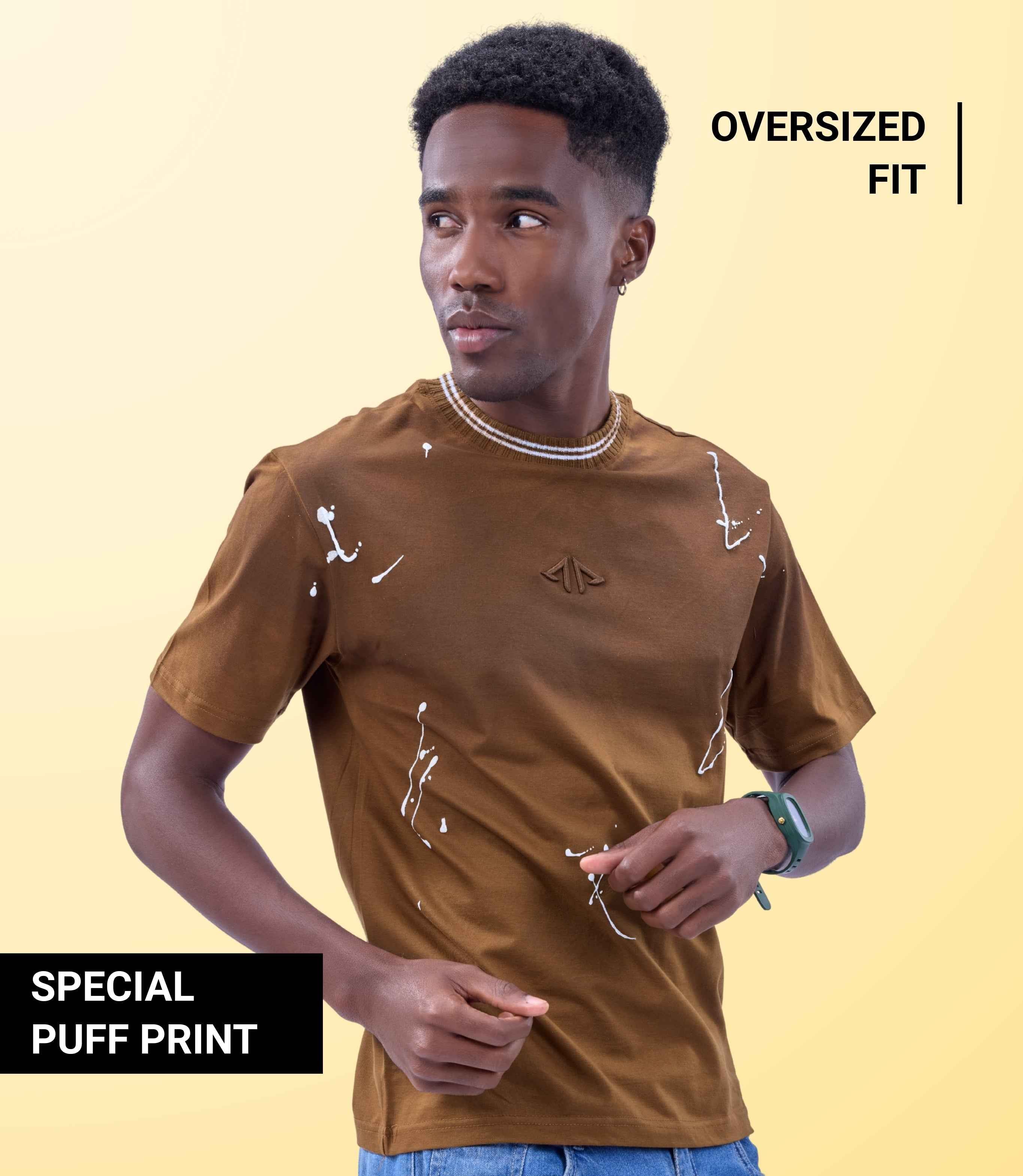 Auraa Urban Canvas - Abstract Paint Splatter Oversized T-Shirt (Brown)