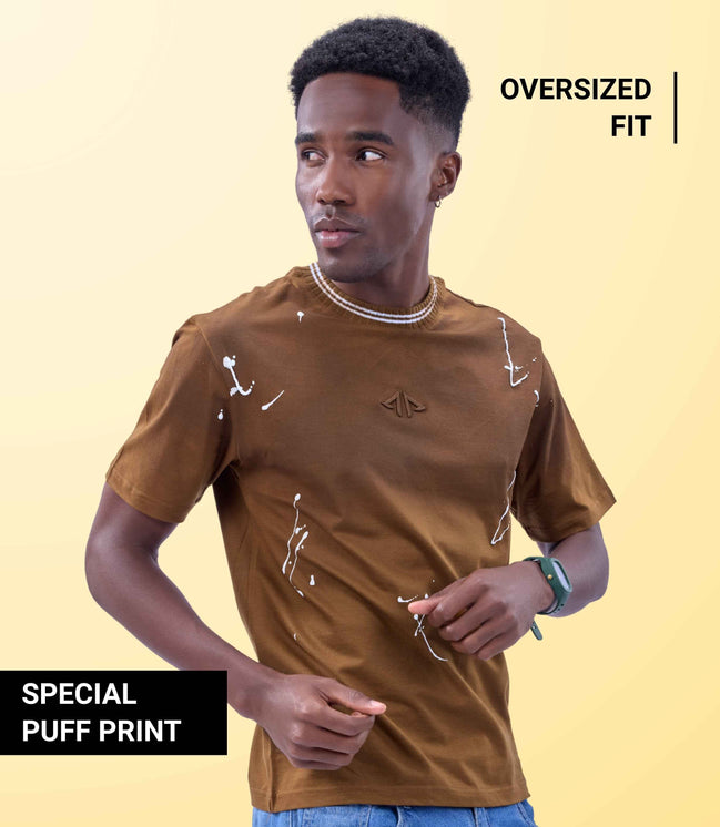 Auraa Urban Canvas - Abstract Paint Splatter Oversized T-Shirt (Brown)