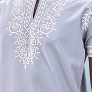 Auraa Woven Legacy - Ethnic Fusion Embroidered Notch Neck T-Shirt (Silver)