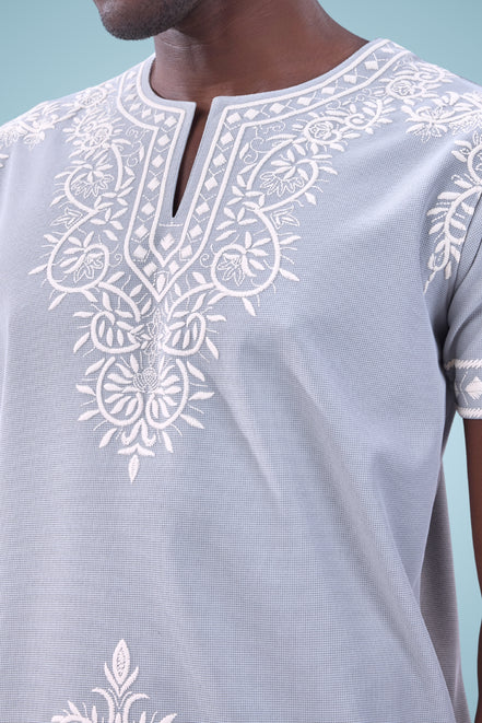 Auraa Woven Legacy - Ethnic Fusion Embroidered Notch Neck T-Shirt (Silver)