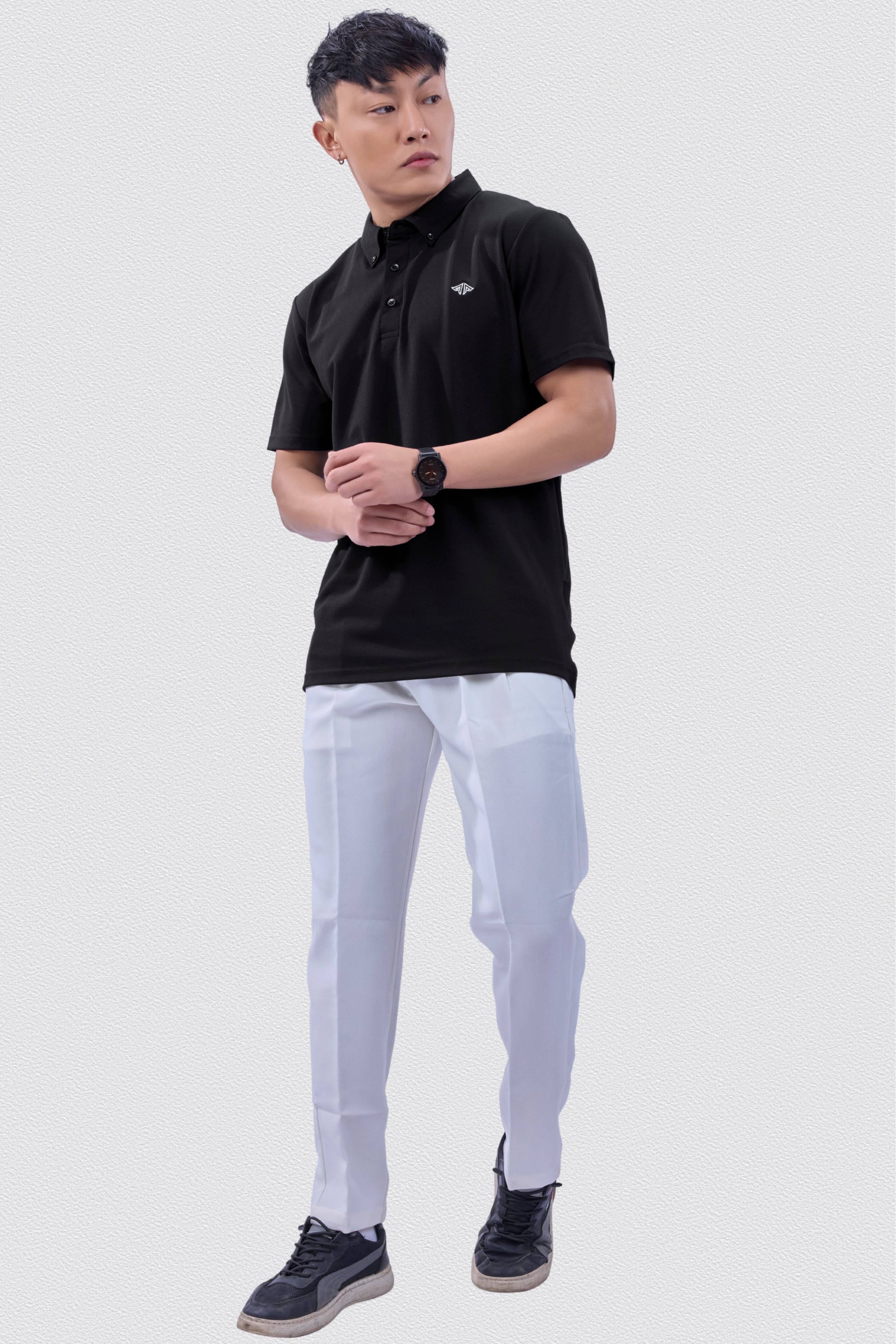 Auraa Everyday Essential - Textured Button-Down Polo (Black)